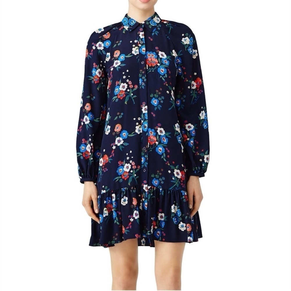 Tory Burch Gabrielle Silk Drop Waist Blue Pansy Floral Shirt Dress Blue